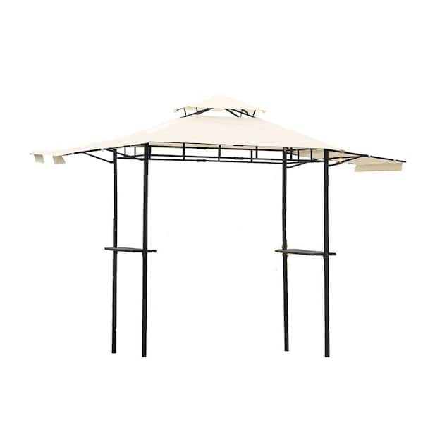 Unbranded 12 ft. x 4.3 ft. Steel Double Tiered Backyard Patio BBQ Grill Gazebo with Bar Counters, Beige