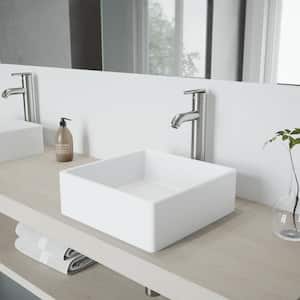 Matte Stone Dianthus Composite Square Vessel Bathroom Sink in White with Faucet and Pop-Up Drain in Brushed Nickel