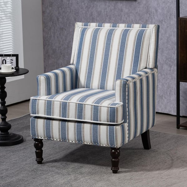 YOFE Blue Mix White Striped Linen Fabric Vintage Upholstered