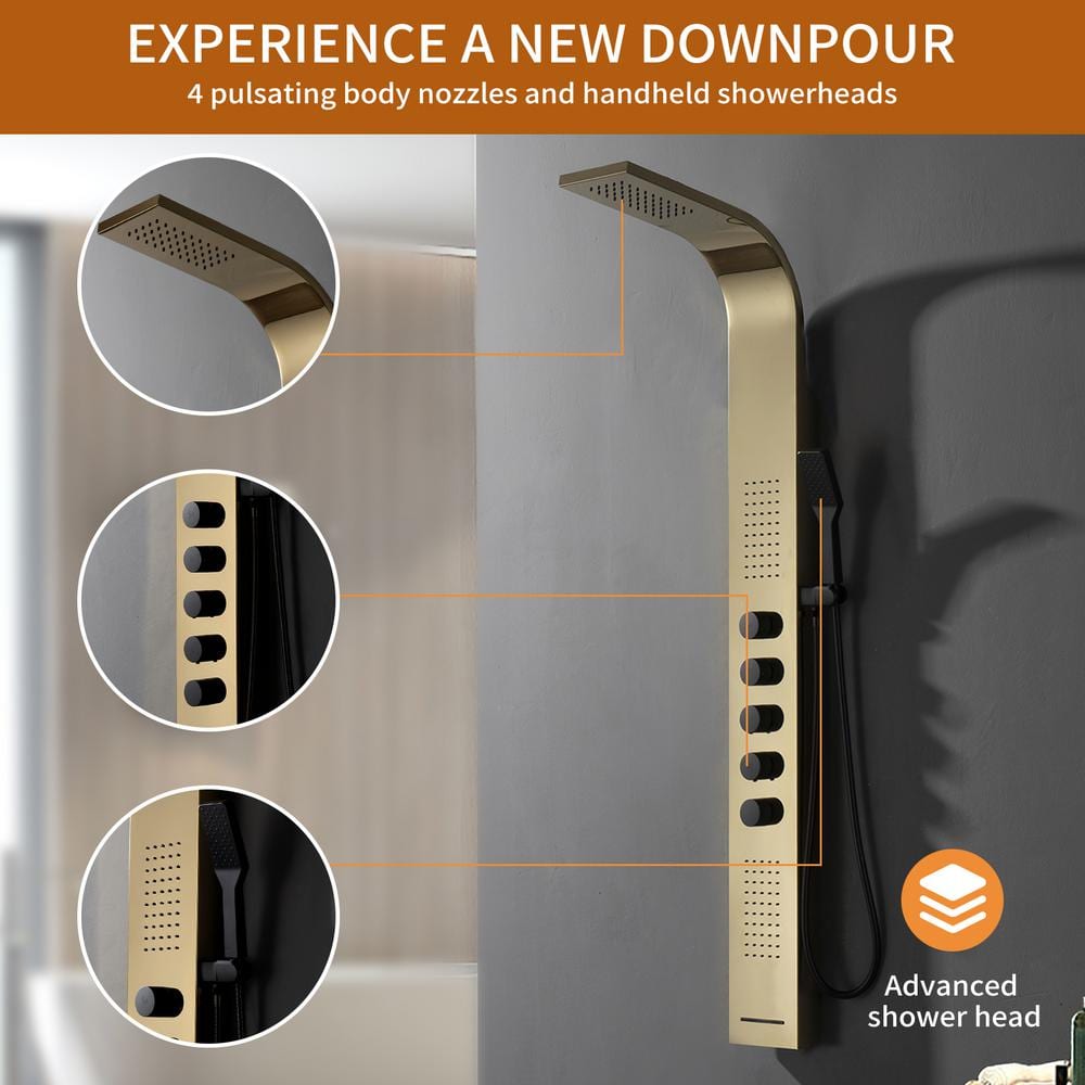 Black and Gold 60'' Modern Brass Shower Panel System with Rainfall Shower Head