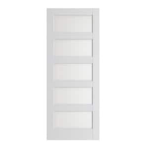 28 in. x 80 in. 5-Lite Solid Core Frosted Glass White Primed Composite MDF Interior Door Slab