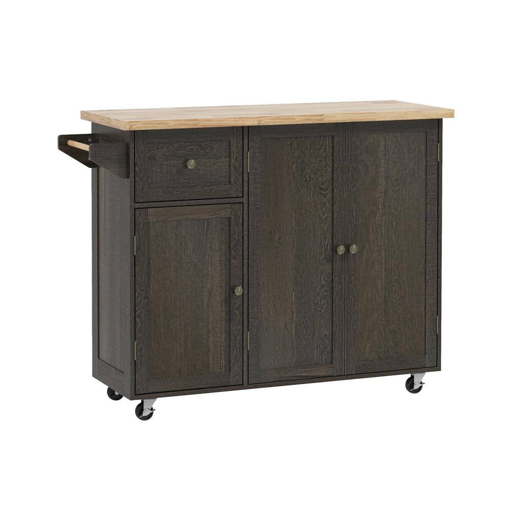 Distressed Brown Wood 53.3 in. Kitchen Island with Wood Top, Towel Rack, Bi