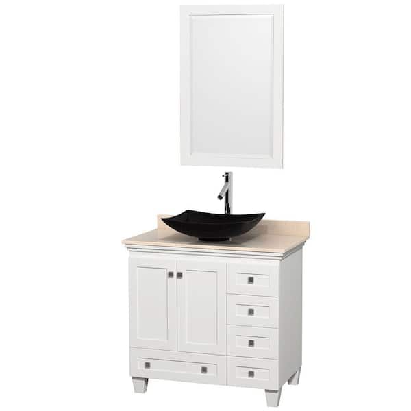 Wyndham Collection Acclaim 36 in. W Vanity in White with Marble Vanity Top in Ivory, Black Granite Sink and Mirror