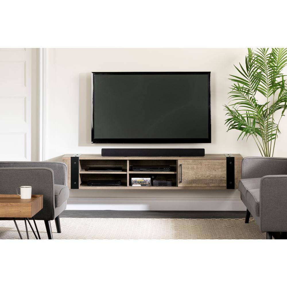 Weathered Oak Wall Mounted TV Stand with Cabinet