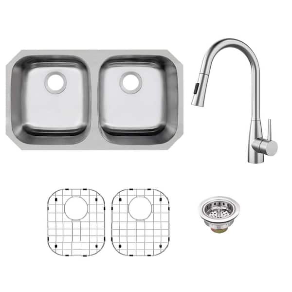 32 in. Undermount 50/50 Double Bowl 16-Gauge Stainless Steel Kitchen Sink with Pull Down Sprayer Kitchen Faucet