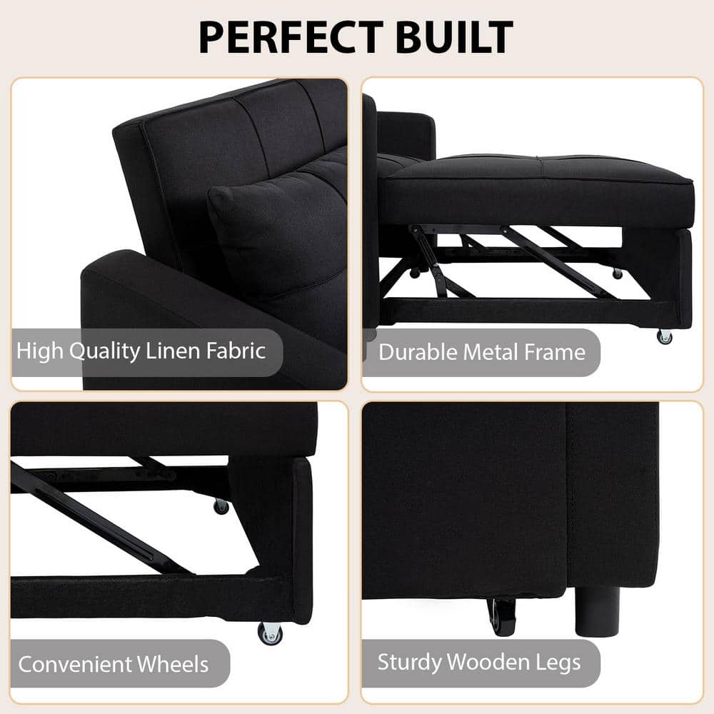 Black Linen Convertible Sleeper Accent Chair with Metal Frame