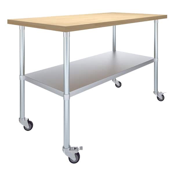 AMGOOD Maple Wood Top 30 in. x 60 in. Kitchen Prep Table with Casters and Adjustable Bottom Shelf