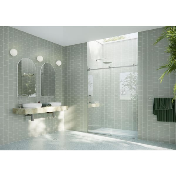 Astro 56 in. W x 78 in. H Sliding Frameless Shower Door with Square Hardware in Brushed Nickel with Clear Glass