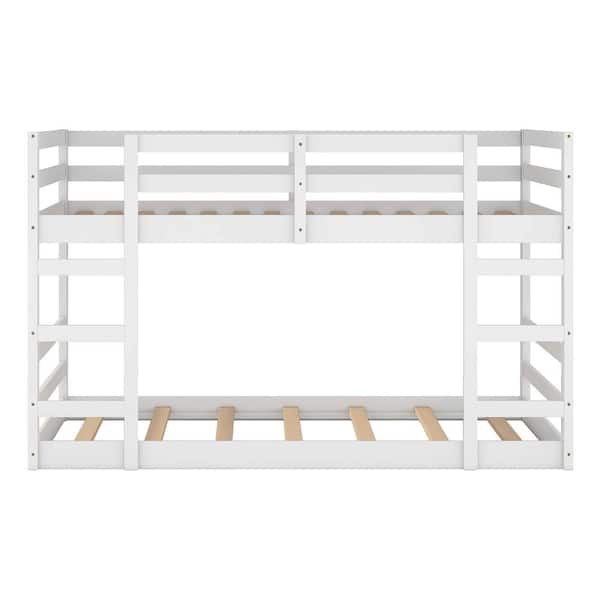 URTR White Twin Over Twin Floor Bunk Bed Pine Wood Bed Frame with 2 Ladders, Safety Rails and Wood Slats for Kids and Teens