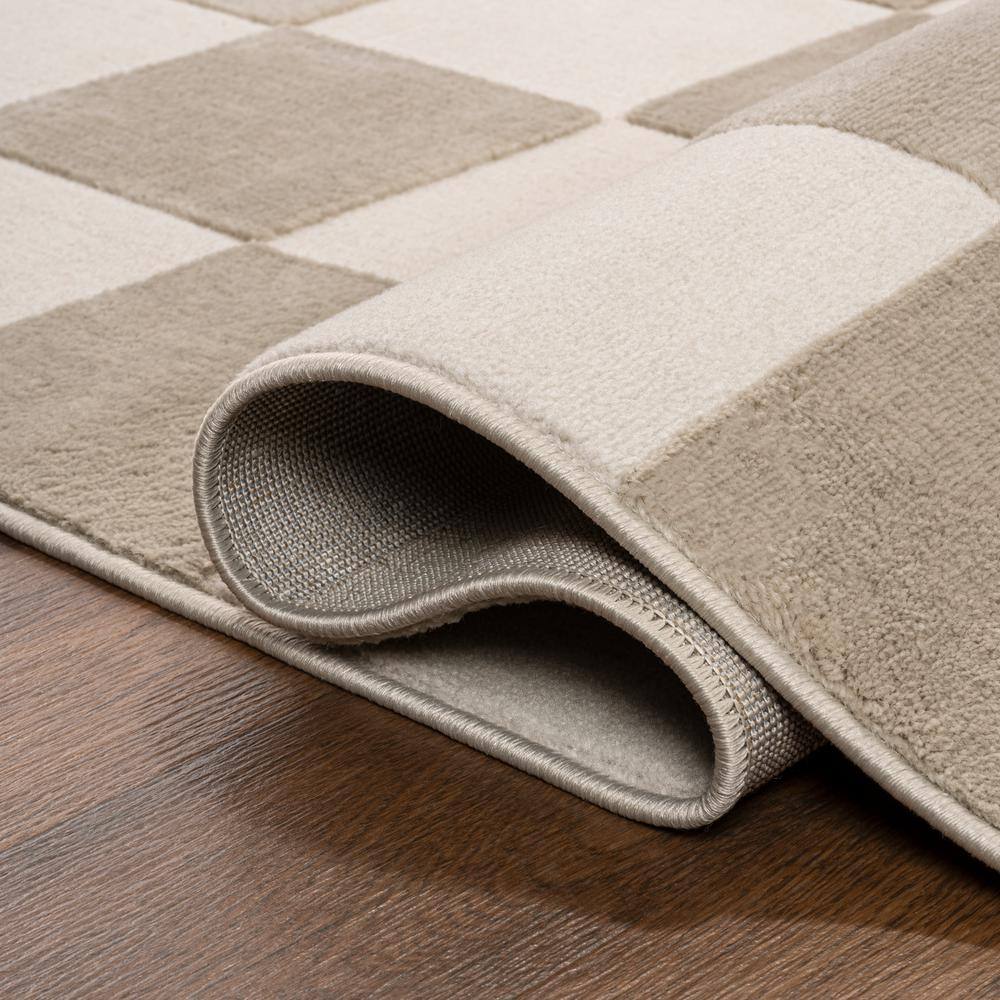 Beige and Cream Geometric Checkerboard 5 x 8 Area Rug