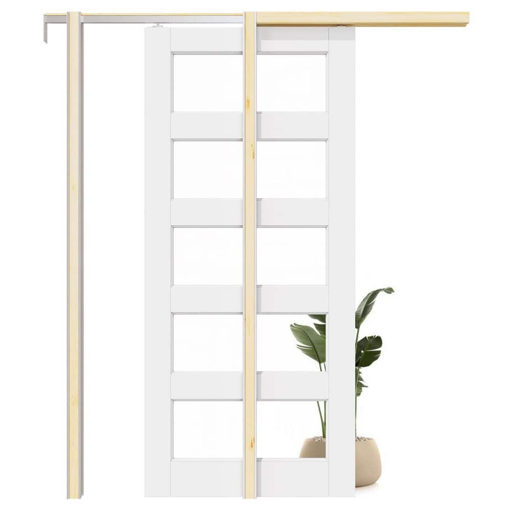 36 in. x 80 in. 5-Lite Clear Glass White Primed Wood Sliding Pocket Door with Door Hardware Kit (Soft Close Included) price history on PriceWatchPro