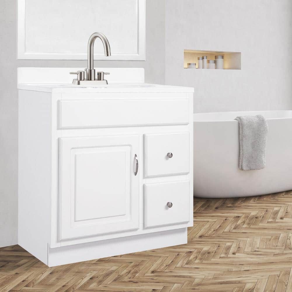 White 30-Inch MDF Bathroom Vanity with Satin Nickel Hardware