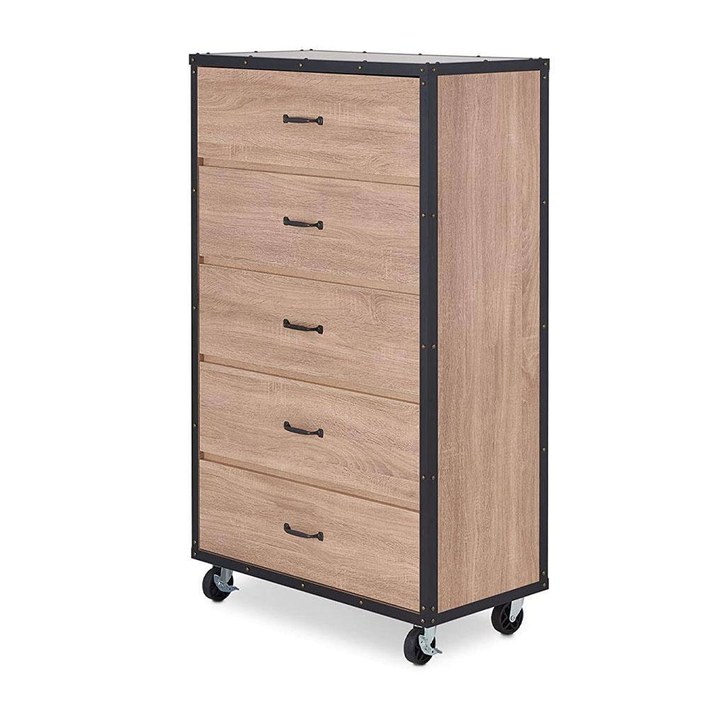 Weathered Light Oak Industrial Chest with Casters and Felt Lined Drawers