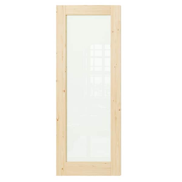 TENONER 28 in. x 80 in. Pine Wood Color, No Bore, Full Lite, Frosted Glass Light Brown Primed Solid Wood Interior Door Slab