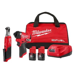 M12 FUEL 12V Lithium-Ion Cordless 3/8 in. Ratchet and 1/4 in. Impact Driver Kit (2-Tool) w/Batteries, Charger & Bag