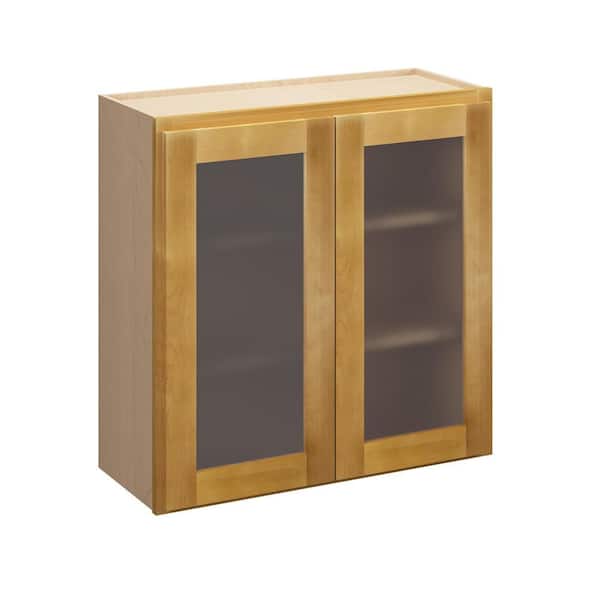 Aberdeen Recessed 36 in. W x 30 in. H x 12 in. D in Caramel Plywood Assembled Frosted Glass Wall