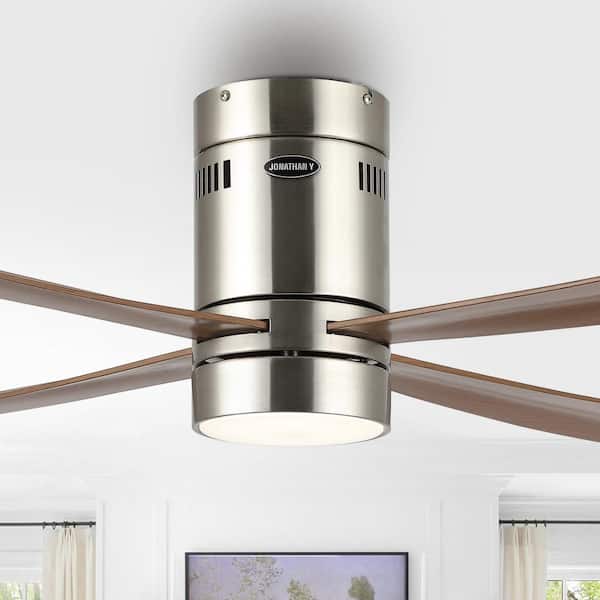 JONATHAN Y Theo 52 in. 1-Light Indoor Iron/Acrylic App/Remote 6-Speed Integrated LED Ceiling Fan, Nickel/Neutral Brown Wood Finish