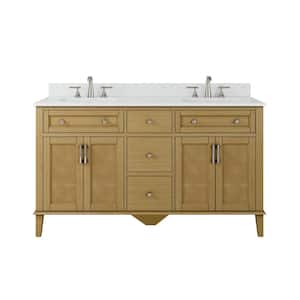 60 in. W x 22 in. D x 35 in. H Double Sink Freestanding Bath Vanity in Natural Oak with White Engineered Stone Top