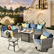 Crater Grey 9-Piece Wicker Patio Fire Pit Conversation Sofa Set with a Swivel Rocking Chair and Denim Blue Cushions