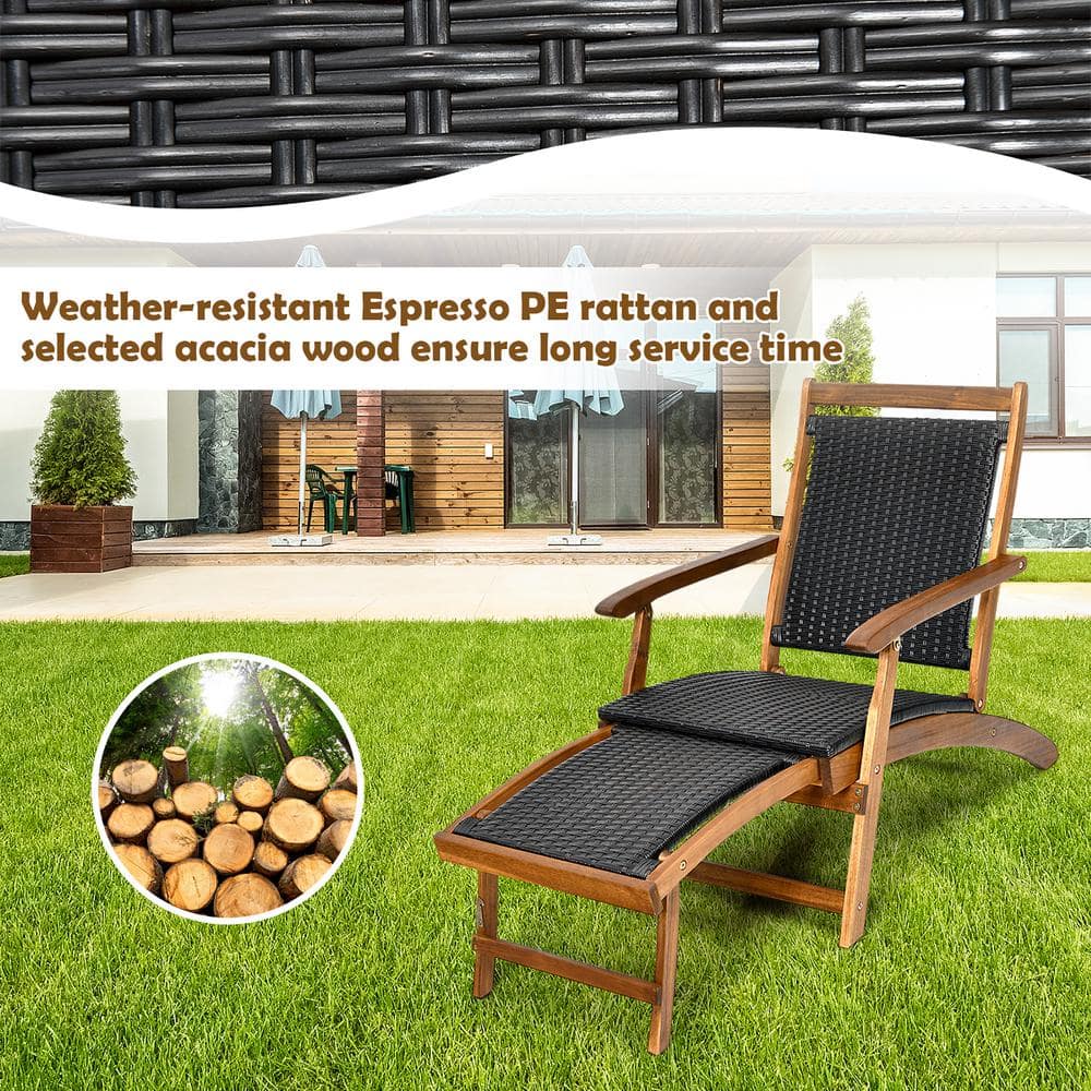 Brown Acacia Wood and Black Rattan Folding Chaise Lounge Chair