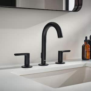 Studio S 8 in. Widespread 2-Handle Adjustable Width Bathroom Faucet with Lever Handle and Drain Assembly in Matte Black