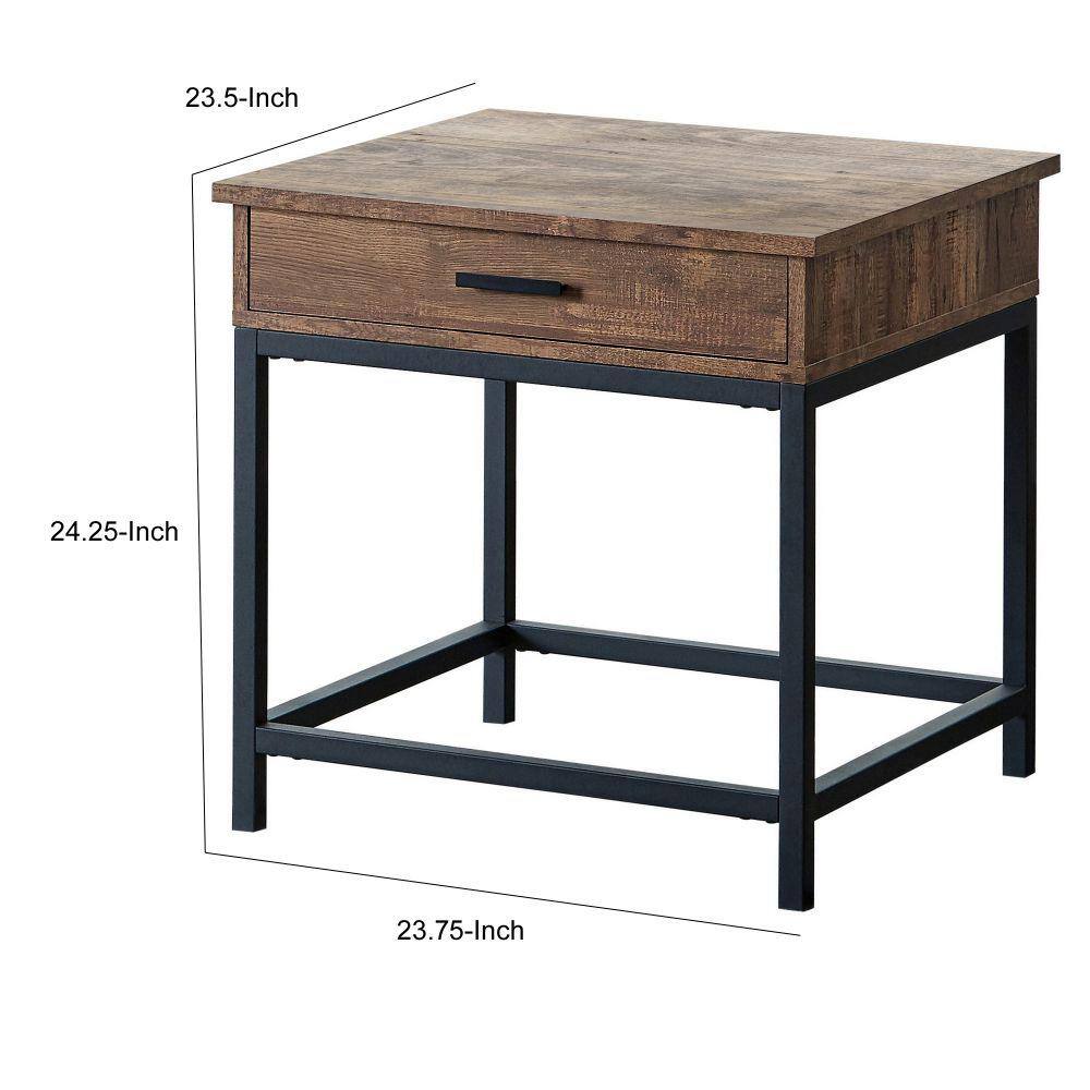 Rustic Brown and Black Wood Metal Side Table with Drawer