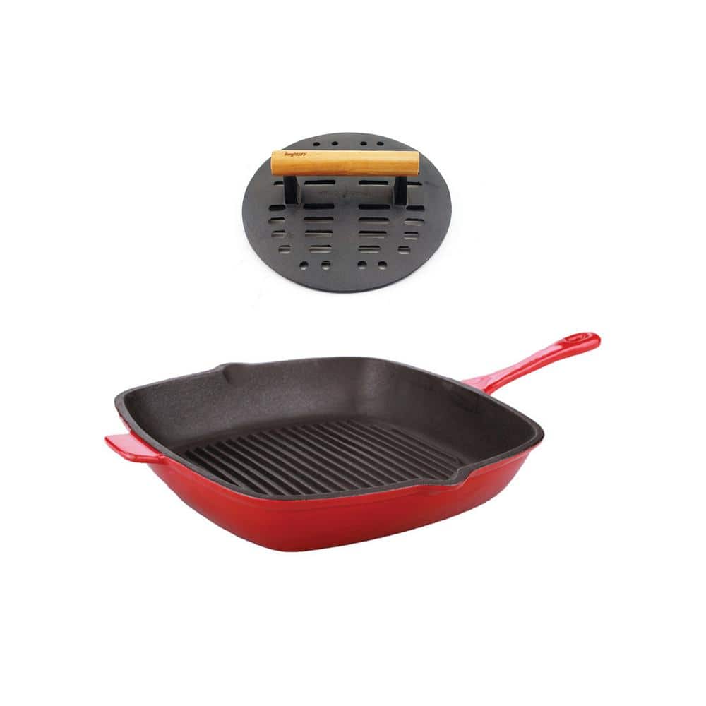 Nutrichef 5 qt Iron Dutch Oven, Red, & 11 in Square Cast Iron Skillet, Red