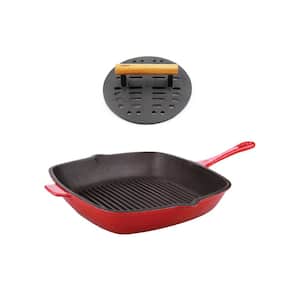 Neo 11 in. Cast Iron Grill Pan in Red with Bacon Press