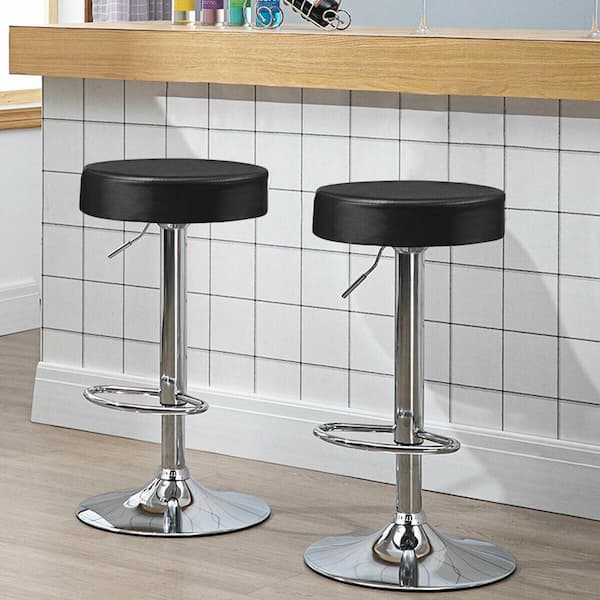 2-Piece 34 in. Black PU Leather Adjustable Round Bar Stool Swivel Pub Chairs