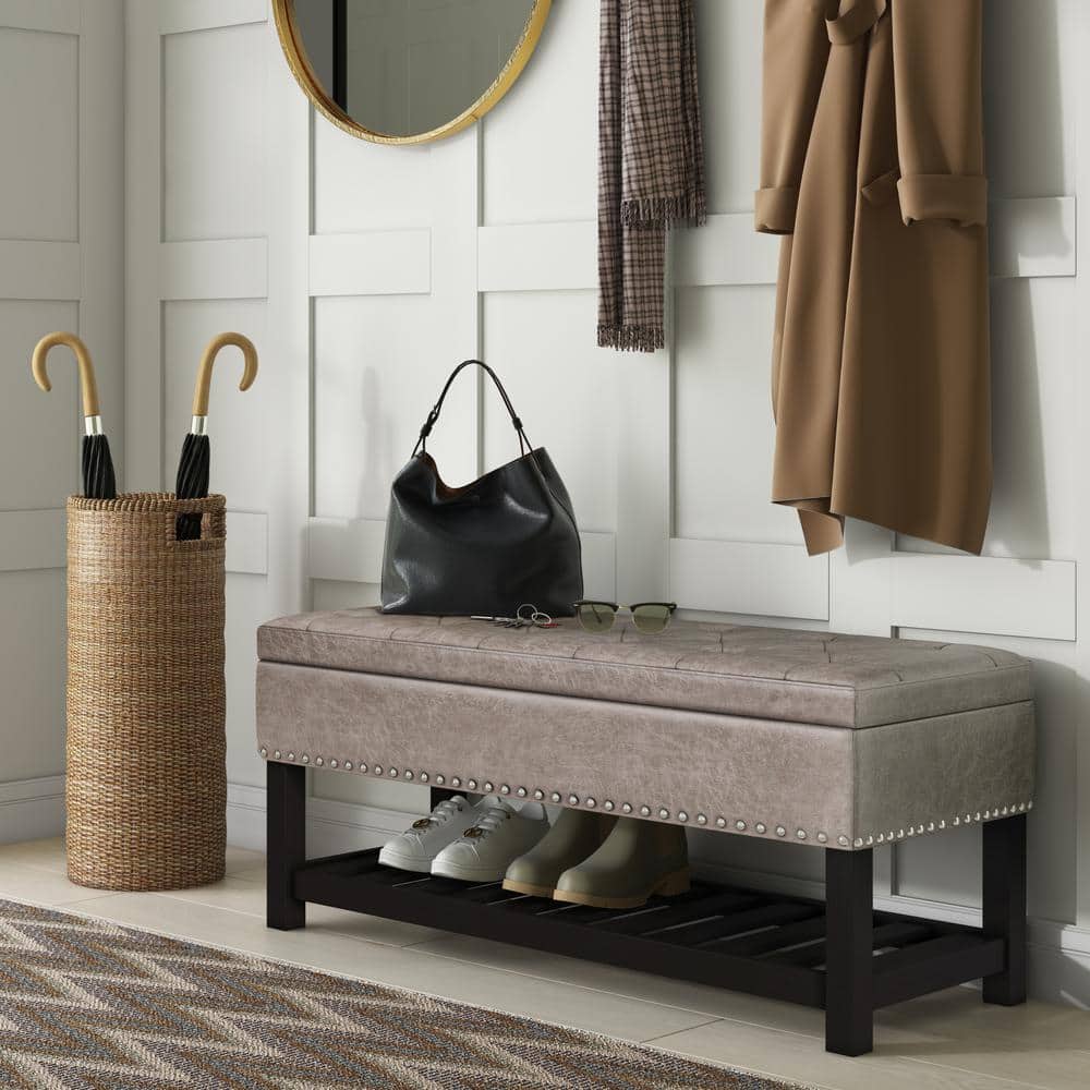 Lomond Distressed Gray Taupe Tufted Storage Ottoman Bench