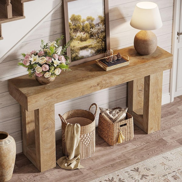 BYBLIGHT Turrella Rustic Charm 63in. Growth-Ring Wood Grain Rectangle Wood Console Table with Open-frame