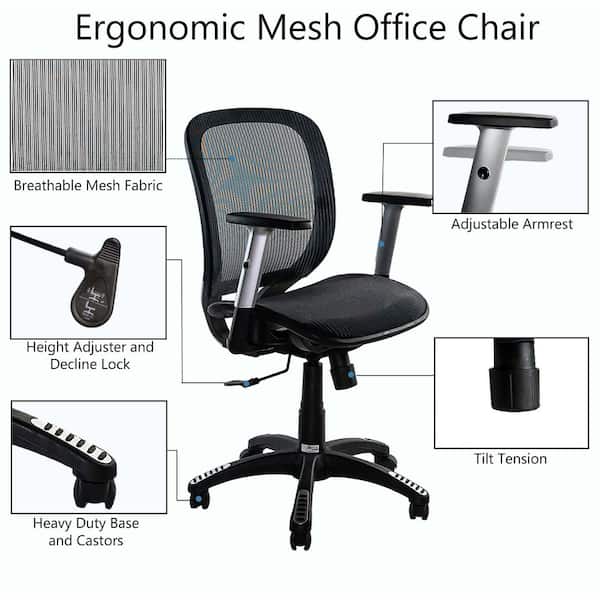 38-42 in. H Black Fully Meshed Ergonomic Height Adjustable Office Chair w/Armrests, Computer Chair Lumbar Support