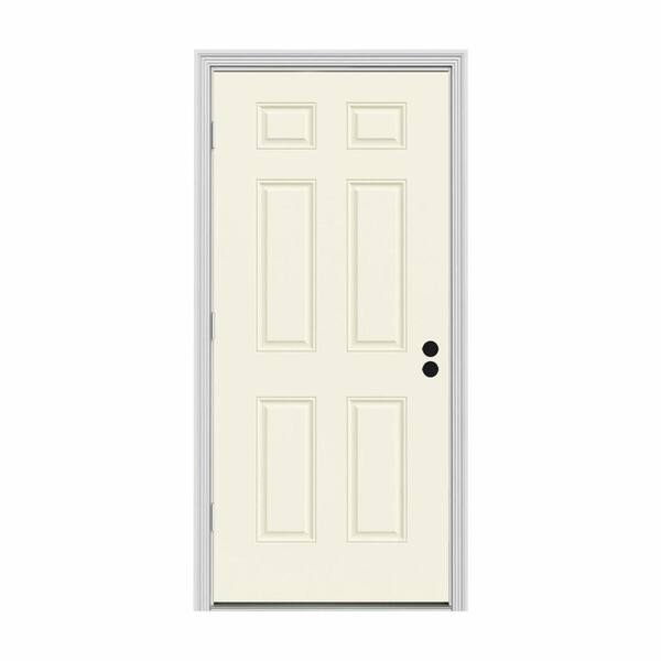 JELD-WEN 30 in. x 80 in. 6-Panel Vanilla Painted Steel Prehung Right-Hand Outswing Front Door w/Brickmould