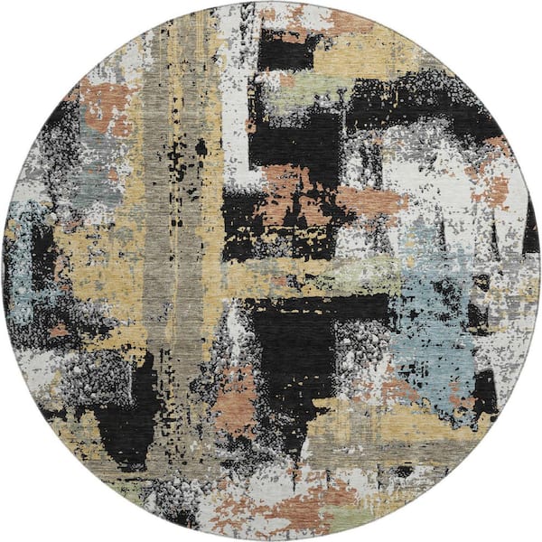 Mayfield Premium Machine Washable Abstract AMF2212 Black 8 ft. x 8 ft. Round Rug