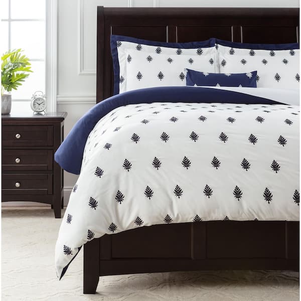 CHANASYA Chanasya 6-Piece Blue Floral Leaf Embroidered Reversible Microfiber Duvet Cover Set, Queen