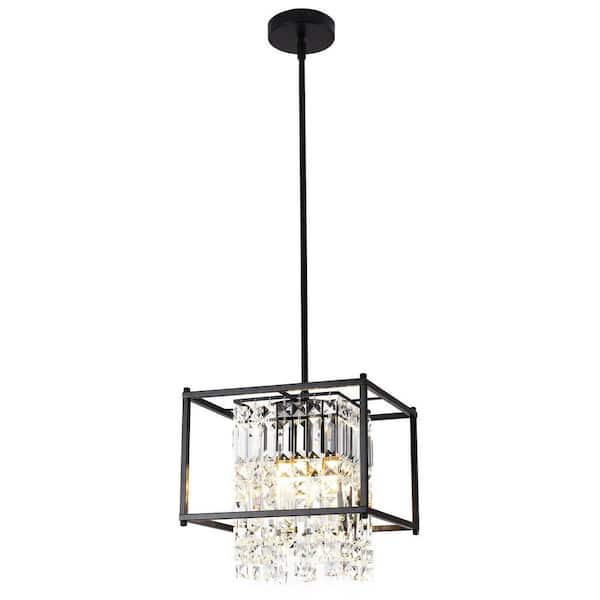 OUKANING 11.8 in. 4-Light Black Modern Elegant Crystal Pendant Light with Crystal Shade