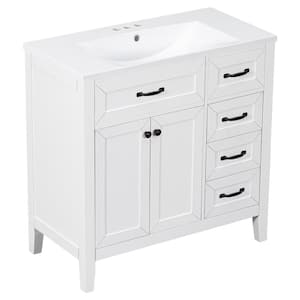 35.5 in. W x 17.7 in. D x 35 in . H Bathroom Vanity in White Solid Frame Bathroom Cabinet with Ceramic Basin Top
