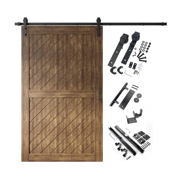 XT1 50 in. x 80 in. C-Panel Dark Walnut Slanted Stripe Design Solid Pine Wood Sliding Barn Door with Hardware Kit
