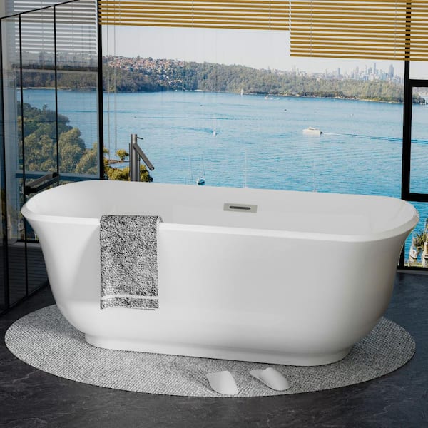 Sarlai 67 in. Acrylic Alcove Non-Whirlpool Freestanding Bathtub in Glossy White Polished Chrome Overflow