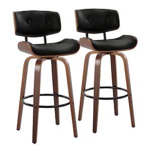 Lombardi 30.5 in. Black Faux Leather, Walnut Wood and Black Metal Fixed-Height Bar Stool Round Footrest (Set of 2)