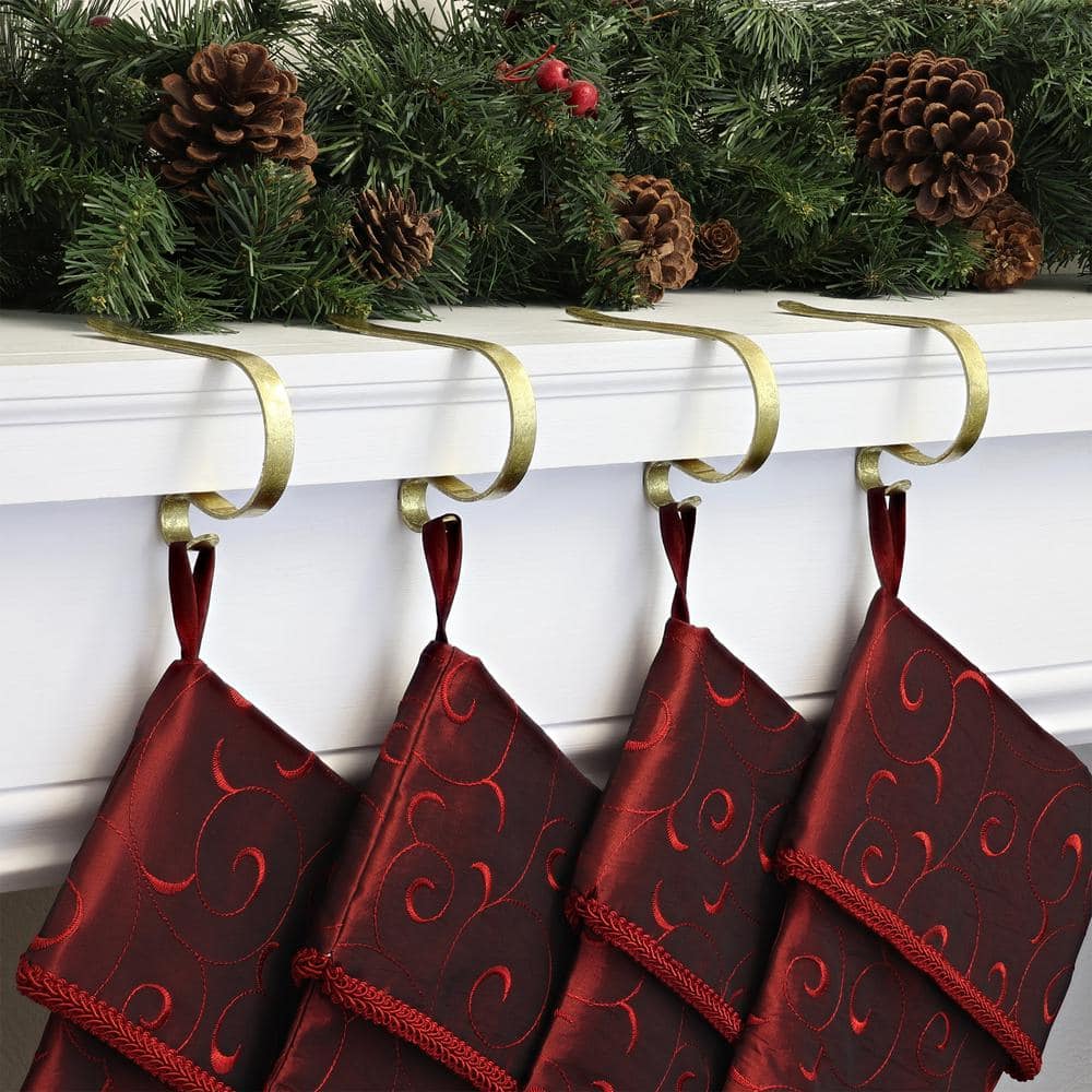 Gold Foil Adjustable Metal MantleClip Stocking Holders, 4 Pack