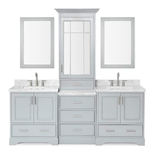 Stafford 85 in. W x 22 in. D x 89 in. H Double Bath Vanity in Gray with White Carrara Marble Tops and Mirrors