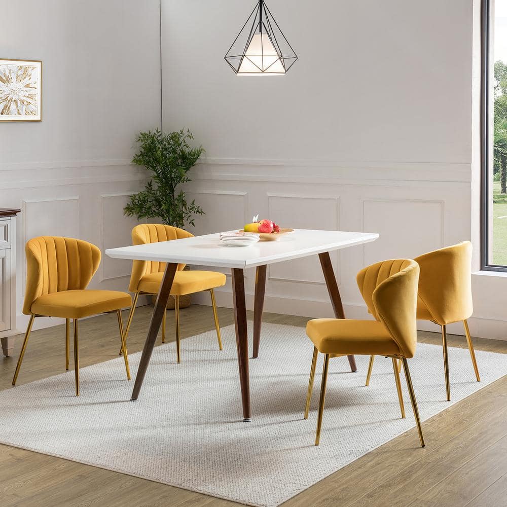 Mustard Velvet Upholstered Side Chair with Brass Metal Legs