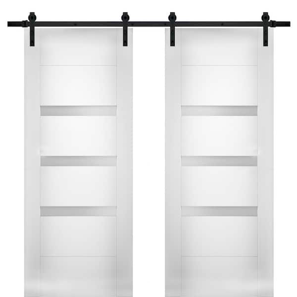 VDOMDOORS 72 in. x 80 in. Single Panel White Solid MDF Sliding Doors with Double Barn Black Hardware