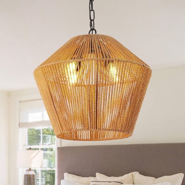 4-Light Wood Color Farmhouse Pendant Light Hanging Light Fixture for Kitchen Island with Hemp Rope Shade