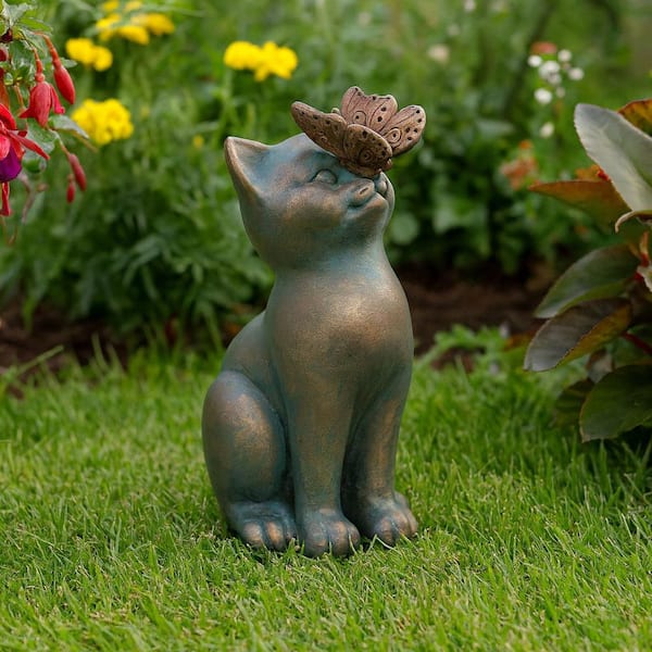 Green 4 in. x 7.5 in. Resin Cat with Butterfly On Nose Garden Statue