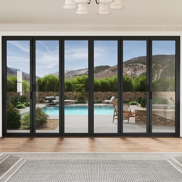 192 in. x 96 in. Bi-Parting Tempered Glass Black Aluminum Folding Patio Door with Door Stopper (3-Folding Plus 3-Swing)