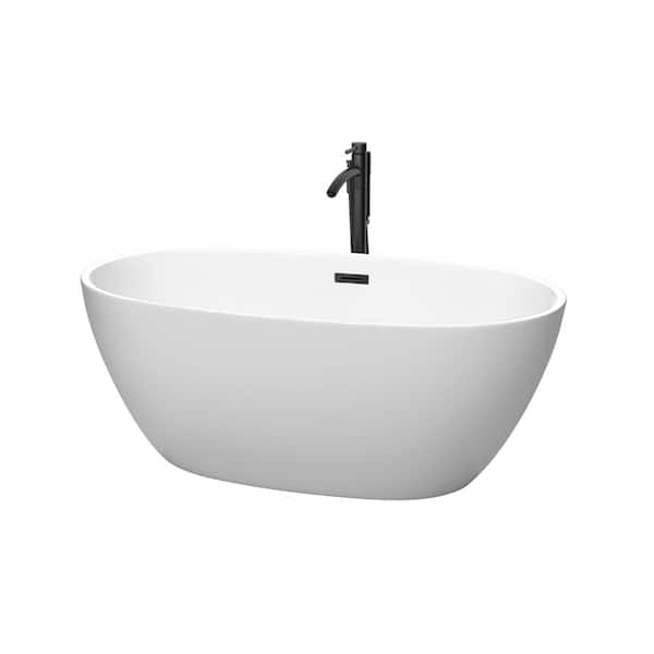 Wyndham Collection Juno 59 in. Acrylic Flatbottom Bathtub in Matte White with Matte Black Trim and Faucet