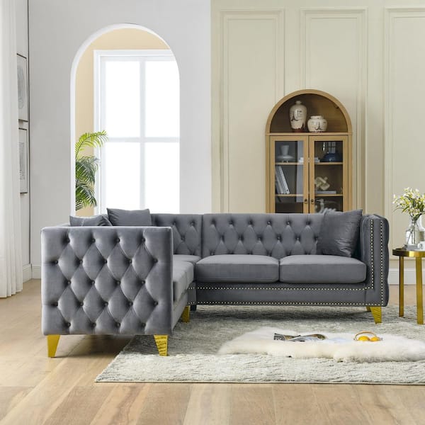 Norvick Modern Glam 82.2 in. Nailhead and Button Tufted Velvet Upholstered L-Shaped Sectional Sofa in Gray with Pillows