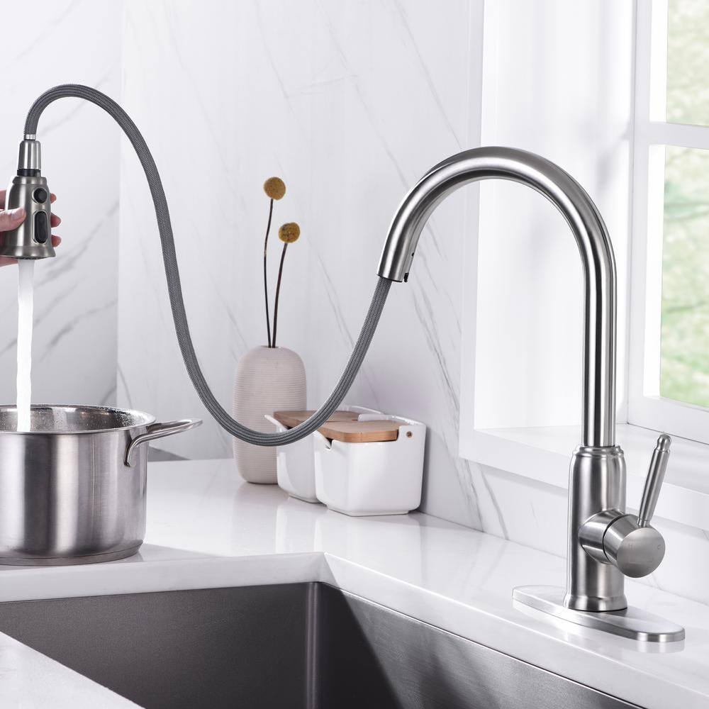 Brushed Nickel Stainless Steel Pull-Down Kitchen Faucet with Soap Dispenser